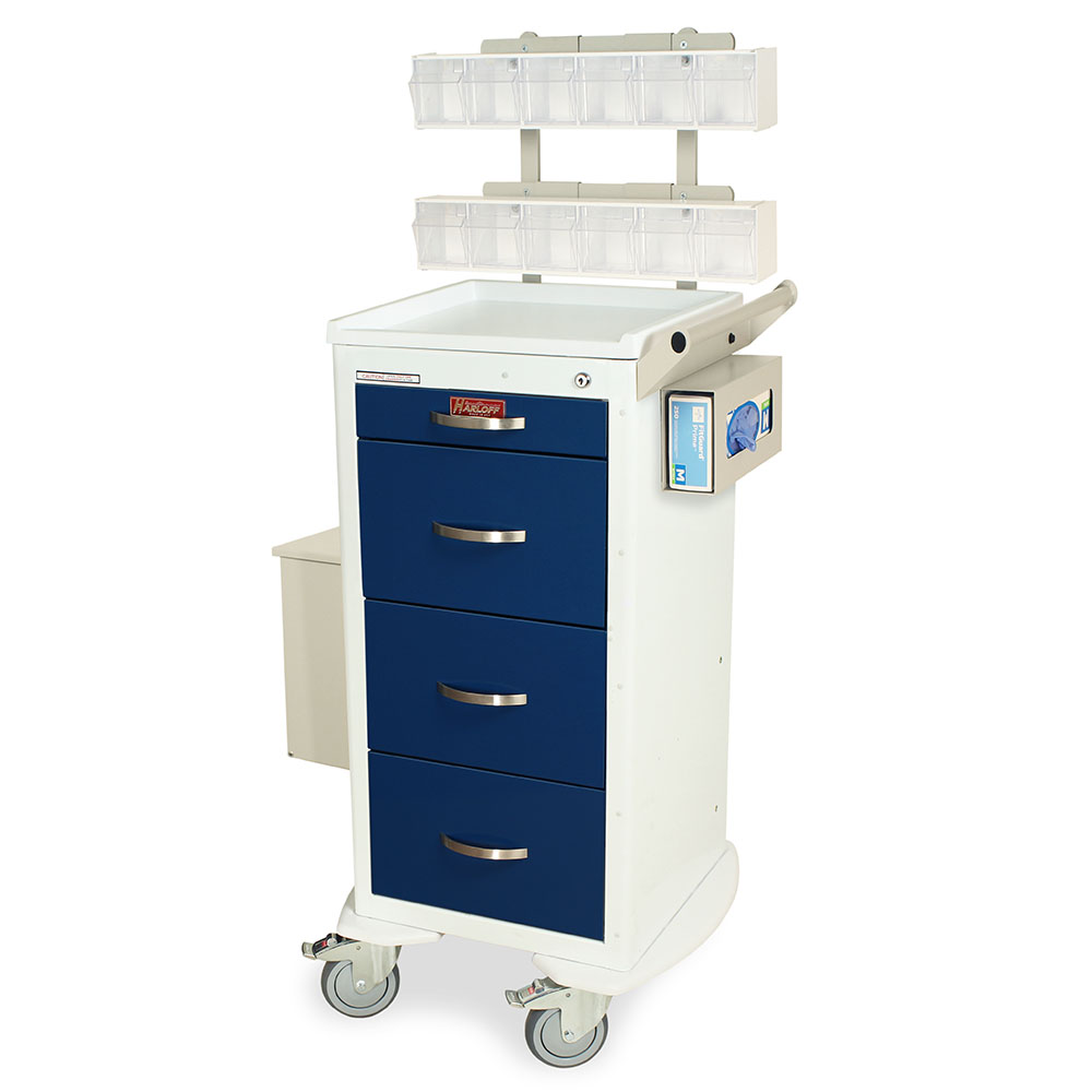 Harloff M-Series Tall Mobile Phlebotomy Workstation with MD18-PHB Accessory Package, Mini Width, Four Drawers, Key Lock, MDS1830K04+MD18-PHB