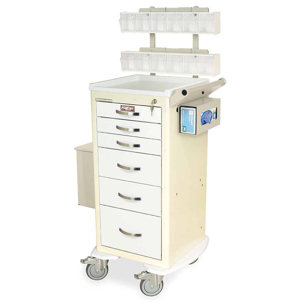 Harloff M-Series Tall Medical Phlebotomy Cart with MD18-PHB Accessory Package, Mini Width, Six Drawers, Key Lock, MDS1830K06+MD18-PHB
